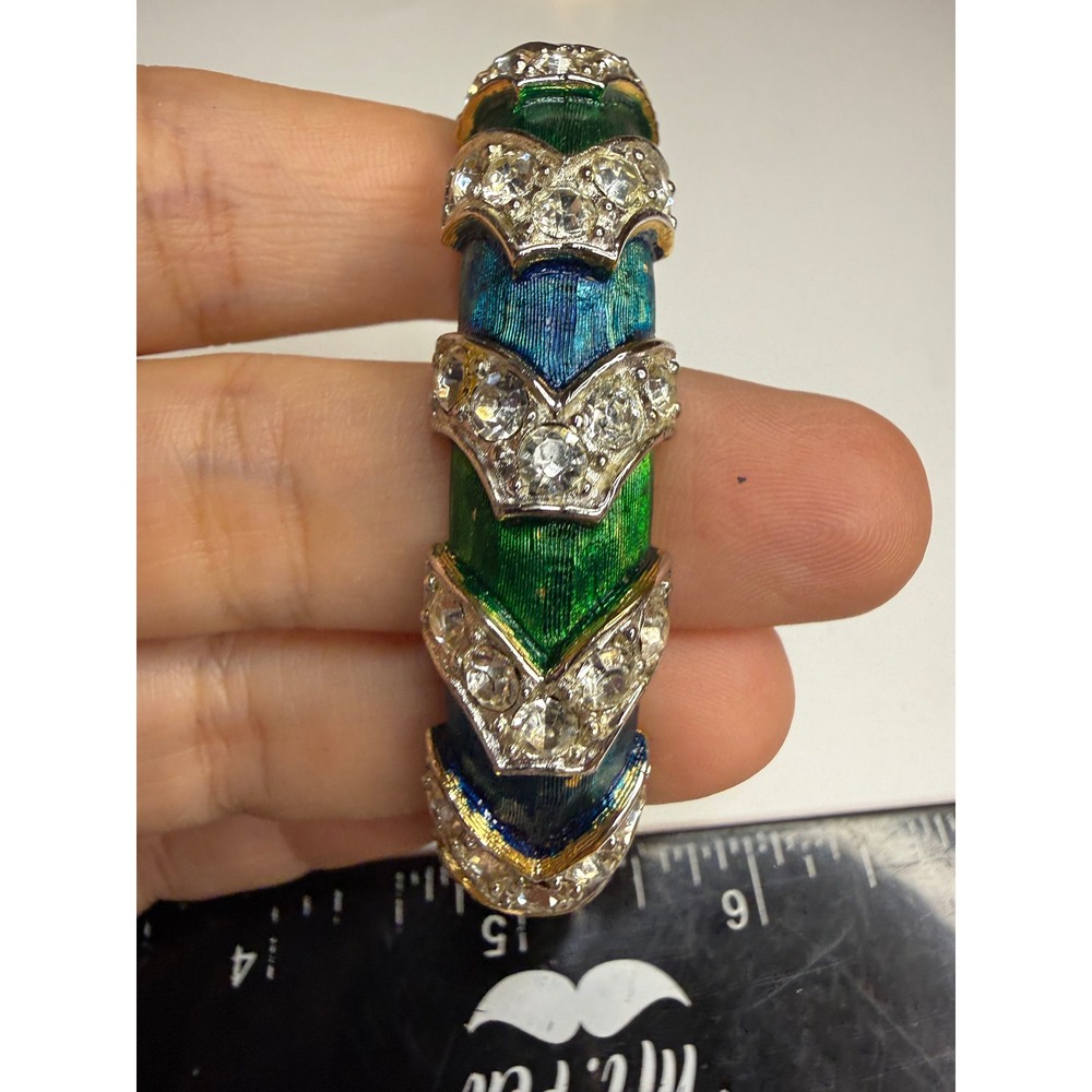 Sarah Coventry Peacock Enamel Rhinestone Hinged Bangle Bracelet Gold Tone